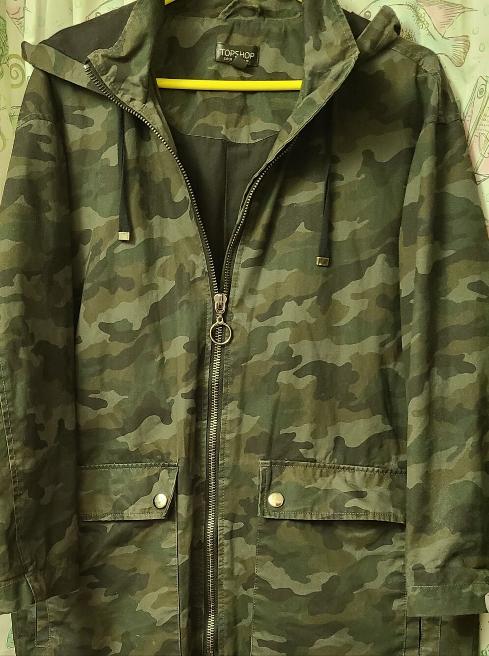 Topshop Long Green Camouflage Zip-Up Hooded Field Jacket